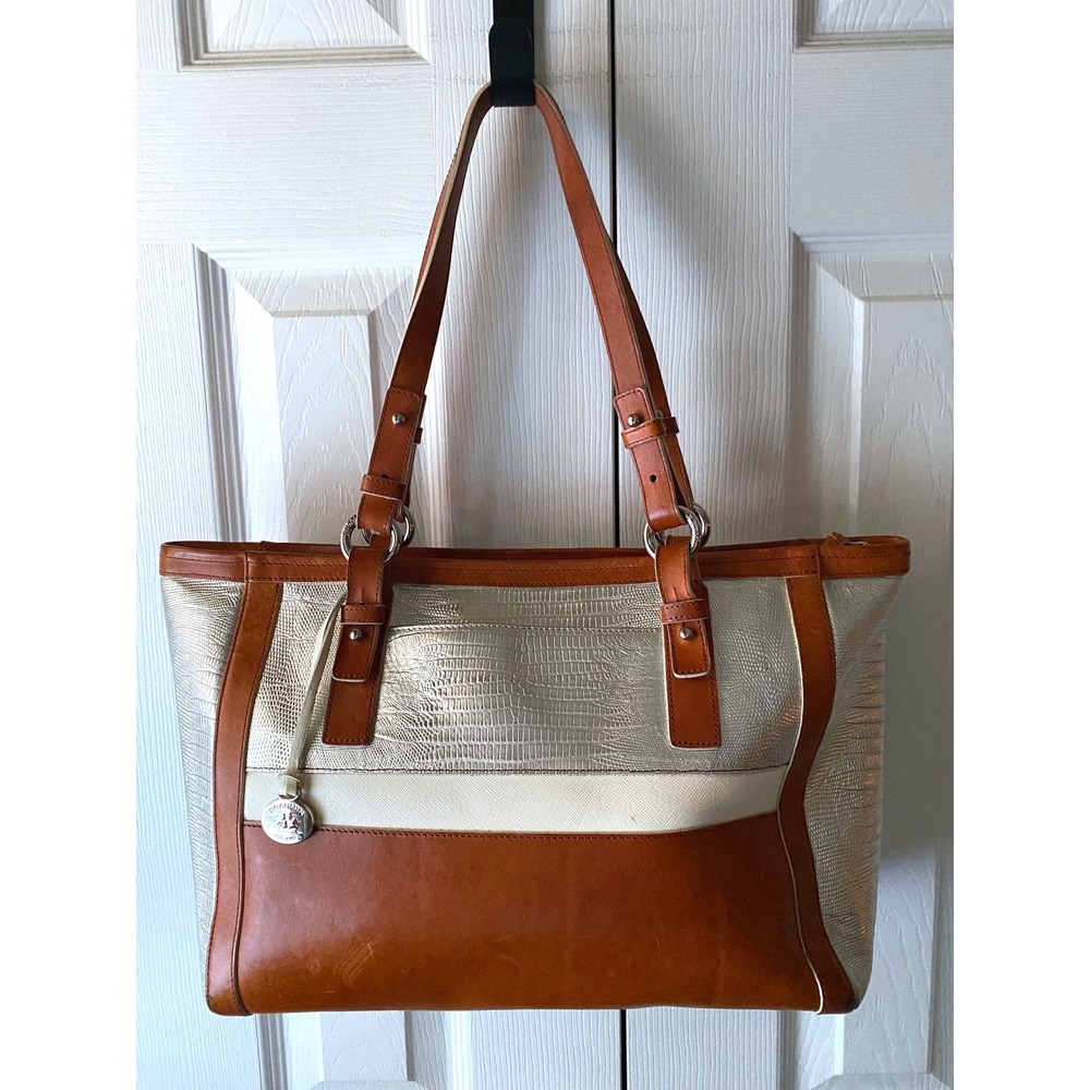 BRAHMIN Silver Croc White Saffiano Brown‎ Smooth Leather Asher Medium Tote Bag